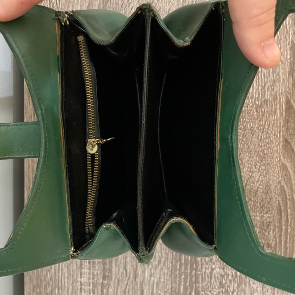 Areitio Vintage Green Leather Handbag Hand Painted 3 Pocket READ Silver Closure - Picture 6 of 11